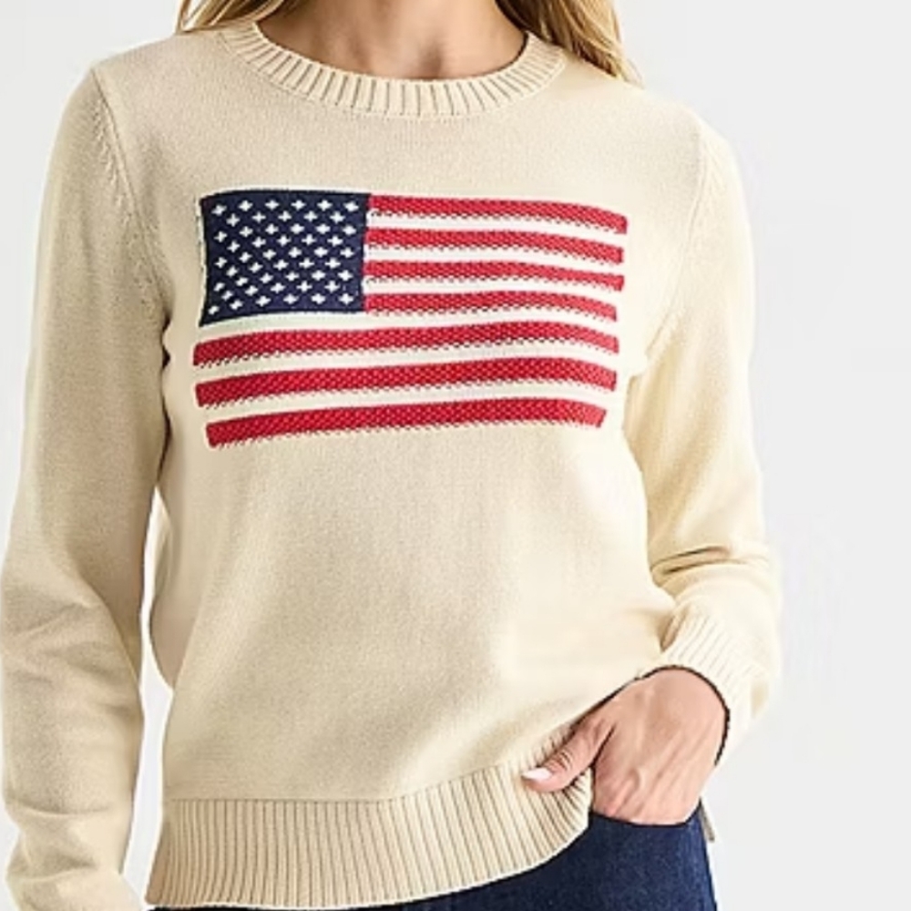 St. John's Bay Cream Knit Sweater with American Flag